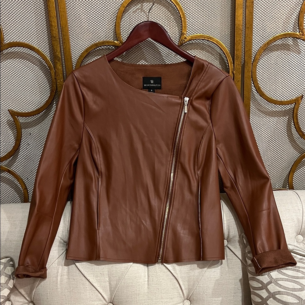 Worthington Asymmetrical Zipper Leather Jacket in Rich Brown
